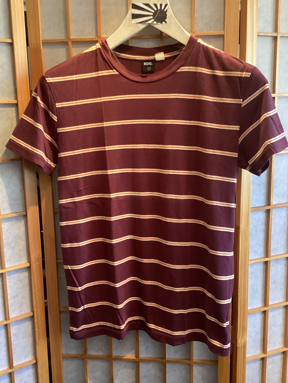UO BDG Crew Neck Short Sleeve Tee Burgundy Orange White Stripe Men's Size Small